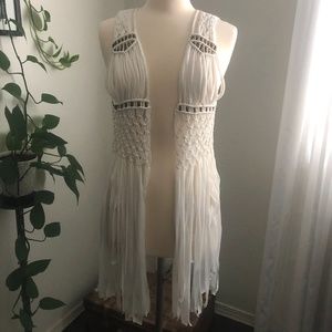 White Fringe Boho Vest wiith Bronze Beads